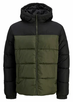 J&J Rebel Große Größen|Marken|JJ REBEL Puffer-Jacke mit Kapuze im Colourblock-Design schwarz/oliv