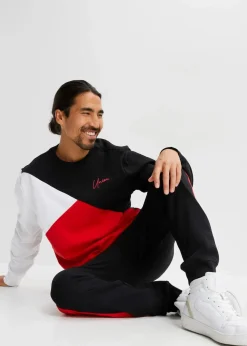 bonprix Große Größen|Sportbekleidung|Jogginganzug (2-tlg. Set) aus reiner Baumwolle schwarz/erdbeere/weiß bedruckt