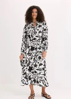 bonprix Bekleidung·Pullover & Strickjacken|Kleider|Kaftan-Kleid aus fließender Viskose schwarz/cremeweiß bedruckt