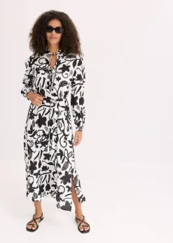 bonprix Bekleidung·Pullover & Strickjacken|Kleider|Kaftan-Kleid aus fließender Viskose schwarz/cremeweiß bedruckt