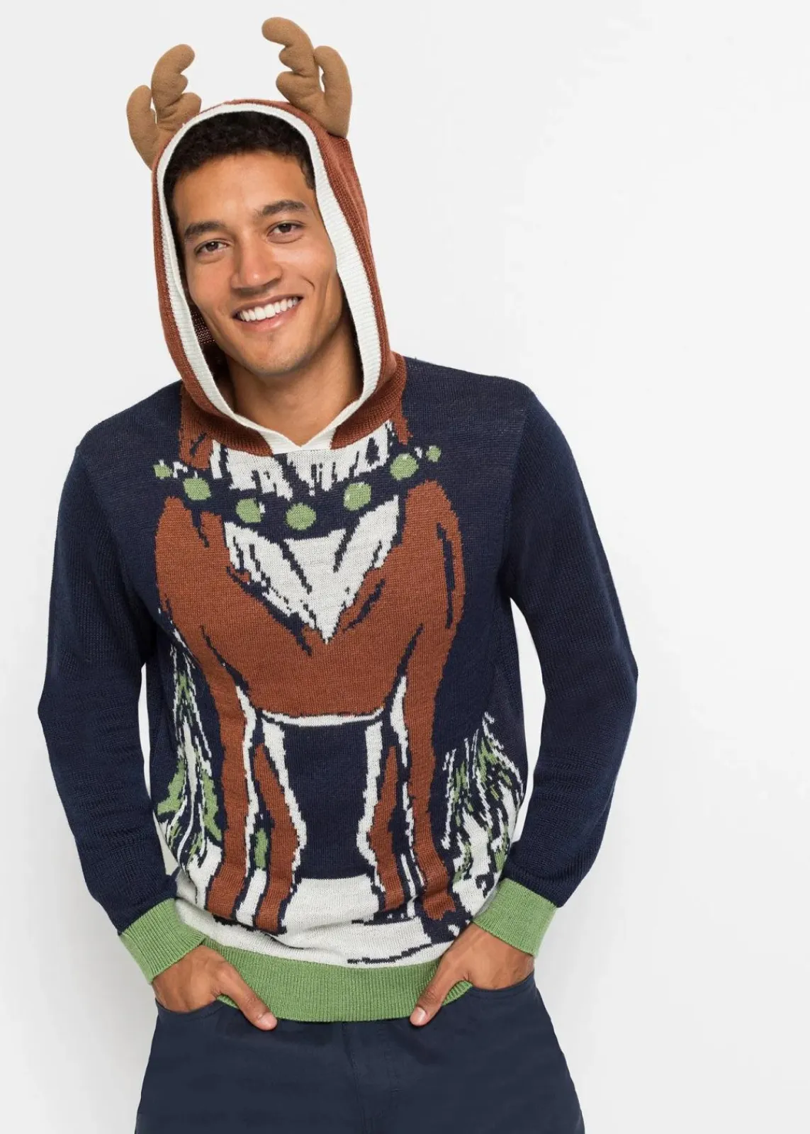 bonprix Große Größen|Pullover & Strickjacken|Kapuzen-Pullover mit Weihnachtsmotiv aus recyceltem Polyester dunkelblau