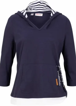 bonprix Shirts & Tops|Kapuzen-Shirt, 3/4-Arm aus reiner Baumwolle dunkelblau bedruckt