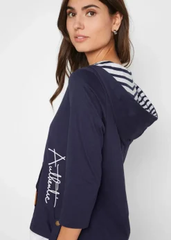 bonprix Shirts & Tops|Kapuzen-Shirt, 3/4-Arm aus reiner Baumwolle dunkelblau bedruckt
