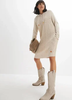 bonprix Bekleidung·Umstandsmode|Bekleidung·Pullover & Strickjacken|Kapuzen-Strickkleid mit Zopfmuster natur meliert