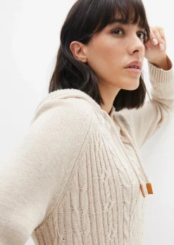 bonprix Bekleidung·Umstandsmode|Bekleidung·Pullover & Strickjacken|Kapuzen-Strickkleid mit Zopfmuster natur meliert