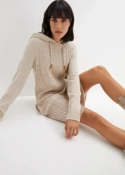bonprix Bekleidung·Umstandsmode|Bekleidung·Pullover & Strickjacken|Kapuzen-Strickkleid mit Zopfmuster natur meliert