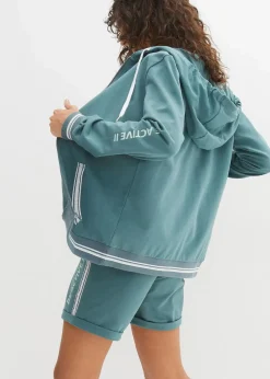 bonprix Bekleidung·Blusen & Tuniken|Nachhaltigere Materialien|Kapuzen-Sweatjacke aus reiner Bio-Baumwolle graugrün bedruckt