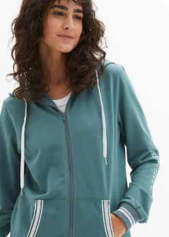 bonprix Bekleidung·Blusen & Tuniken|Nachhaltigere Materialien|Kapuzen-Sweatjacke aus reiner Bio-Baumwolle graugrün bedruckt