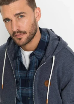 bonprix Große Größen|Sportbekleidung|Kapuzen-Sweatjacke mit Lederimitat-Details dunkelblau meliert