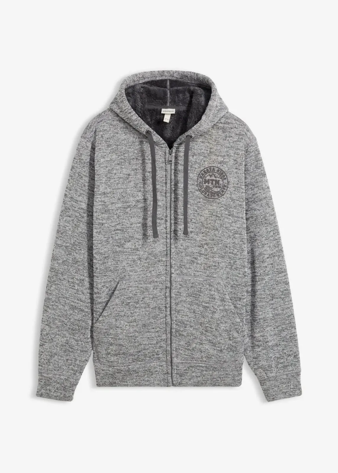 bonprix Große Größen|Basics|Kapuzen-Sweatjacke mit Teddyfutter grau meliert bedruckt