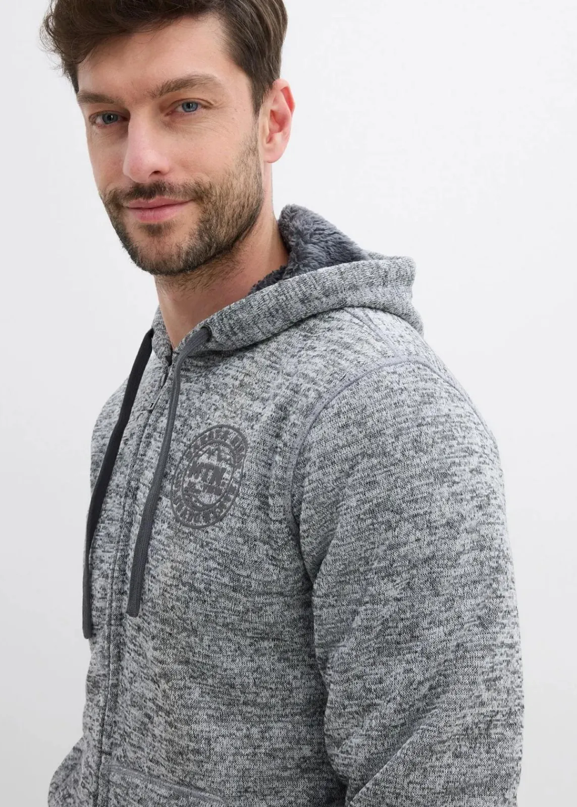 bonprix Große Größen|Basics|Kapuzen-Sweatjacke mit Teddyfutter grau meliert bedruckt