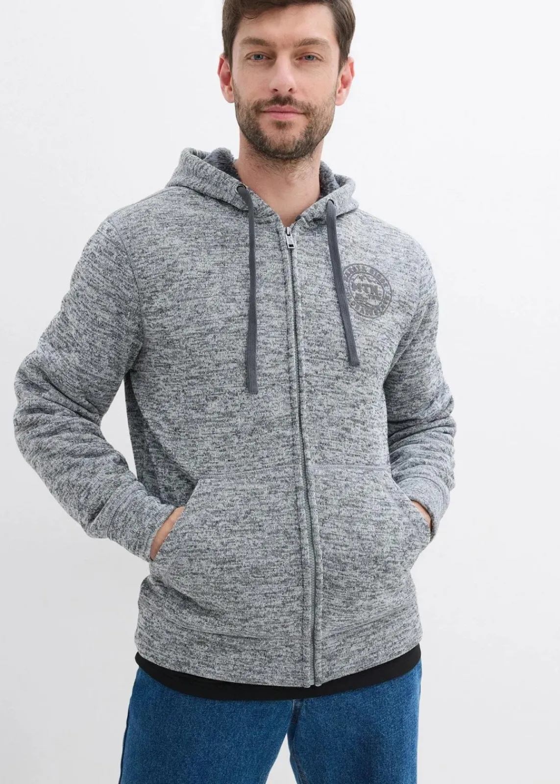 bonprix Große Größen|Basics|Kapuzen-Sweatjacke mit Teddyfutter grau meliert bedruckt