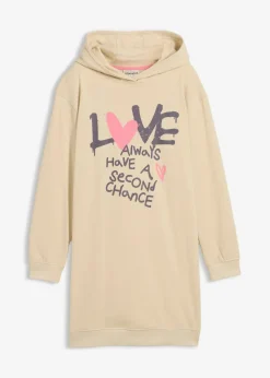 bonprix Mädchen 9-16 Jahre·Kleider & Jumpsuits|Mädchen 2-8 Jahre·Nachhaltigere Materialien|Kapuzen-Sweatkleid aus reiner Bio-Baumwolle hellsand bedruckt