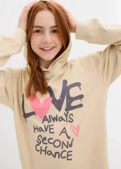 bonprix Mädchen 9-16 Jahre·Kleider & Jumpsuits|Mädchen 2-8 Jahre·Nachhaltigere Materialien|Kapuzen-Sweatkleid aus reiner Bio-Baumwolle hellsand bedruckt