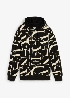 bonprix Große Größen|Sweat|Kapuzensweatshirt aus Bio Baumwolle, Loose Fit schwarz/hellsand bedruckt
