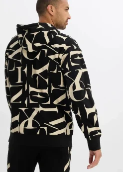 bonprix Große Größen|Sweat|Kapuzensweatshirt aus Bio Baumwolle, Loose Fit schwarz/hellsand bedruckt