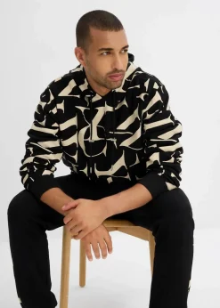 bonprix Große Größen|Sweat|Kapuzensweatshirt aus Bio Baumwolle, Loose Fit schwarz/hellsand bedruckt