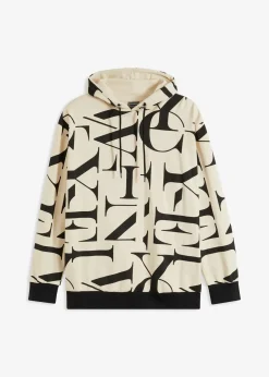 bonprix Sweat|Große Größen|Kapuzensweatshirt aus Bio Baumwolle, Loose Fit hellsand/schwarz bedruckt