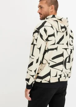 bonprix Sweat|Große Größen|Kapuzensweatshirt aus Bio Baumwolle, Loose Fit hellsand/schwarz bedruckt