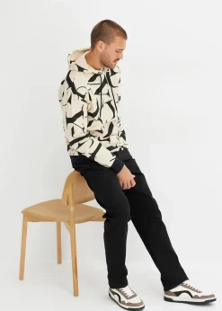 bonprix Sweat|Große Größen|Kapuzensweatshirt aus Bio Baumwolle, Loose Fit hellsand/schwarz bedruckt