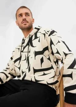 bonprix Sweat|Große Größen|Kapuzensweatshirt aus Bio Baumwolle, Loose Fit hellsand/schwarz bedruckt