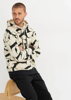 bonprix Sweat|Große Größen|Kapuzensweatshirt aus Bio Baumwolle, Loose Fit hellsand/schwarz bedruckt