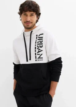 bonprix Sweat|Sportbekleidung|Kapuzensweatshirt, Slim Fit schwarz/weiß bedruckt