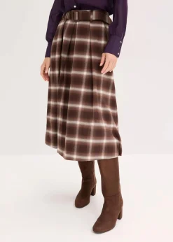 bonprix Bekleidung·Sportbekleidung|Röcke|Karo Faltenrock und Gürtel (2-tlg.Set) dunkelbraun/hellbraun/mittelbraun/elfenbein kariert
