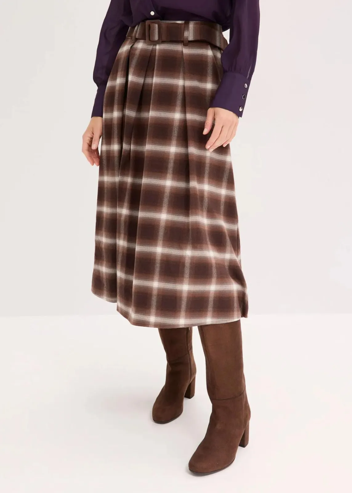 bonprix Bekleidung·Sportbekleidung|Röcke|Karo Faltenrock und Gürtel (2-tlg.Set) dunkelbraun/hellbraun/mittelbraun/elfenbein kariert