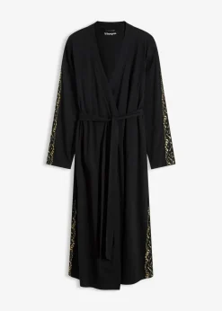 bonprix Wäsche·Bademäntel|Bademäntel|Kimono Morgenmantel mit zarter Glitzerspitze schwarz