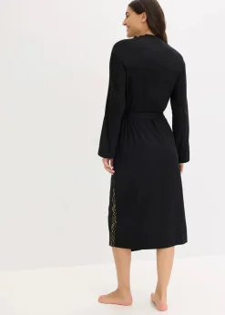 bonprix Wäsche·Bademäntel|Bademäntel|Kimono Morgenmantel mit zarter Glitzerspitze schwarz