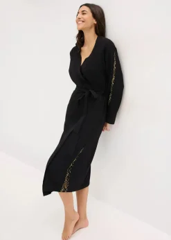 bonprix Wäsche·Bademäntel|Bademäntel|Kimono Morgenmantel mit zarter Glitzerspitze schwarz