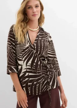 bonprix Bekleidung·Jacken & Mäntel|Blusen & Tuniken|Kimono-Bluse in Leinenoptik natur/dunkelbraun bedruckt
