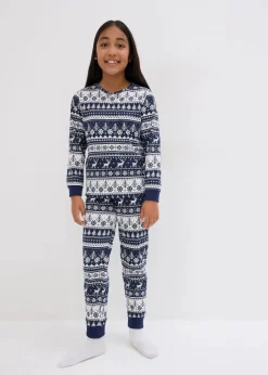 bonprix Jungen·Nachtwäsche|Mädchen·Nachtwäsche|Kinder Pyjama aus reiner Bio-Baumwolle (2-tlg. Set) tiefblau/weiß bedruckt