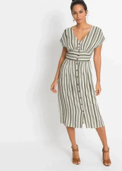 bonprix Bekleidung·Pullover & Strickjacken|Kleider|Kleid oliv/weiß gestreift
