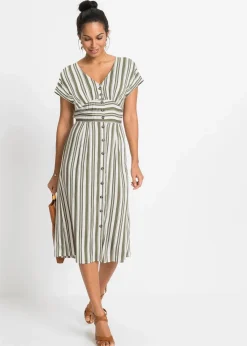 bonprix Bekleidung·Pullover & Strickjacken|Kleider|Kleid oliv/weiß gestreift
