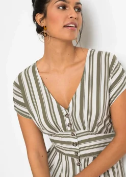 bonprix Bekleidung·Pullover & Strickjacken|Kleider|Kleid oliv/weiß gestreift