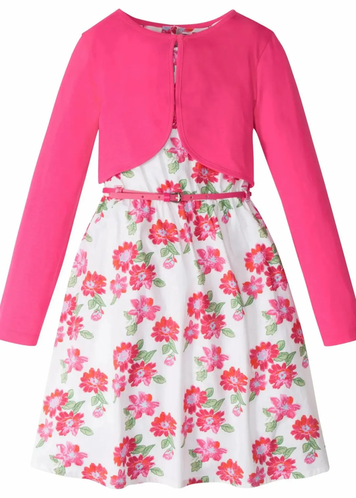bonprix Mädchen 9-16 Jahre·Kleider & Jumpsuits|Kleid + Gürtel + Bolero (3-tlg. Set) weiß/dunkelpink geblümt