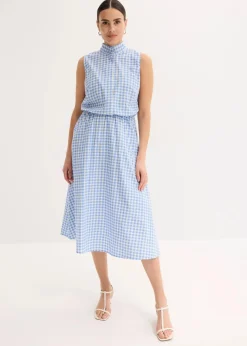 bonprix Bekleidung·Pullover & Strickjacken|Kleider|Kleid aus Baumwoll-Popeline mittelblau/wollweiß kariert