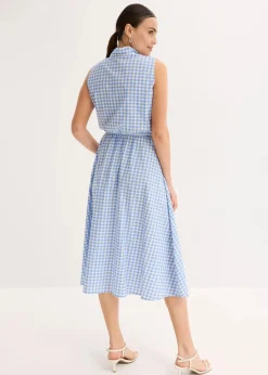 bonprix Bekleidung·Pullover & Strickjacken|Kleider|Kleid aus Baumwoll-Popeline mittelblau/wollweiß kariert