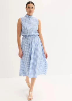 bonprix Bekleidung·Pullover & Strickjacken|Kleider|Kleid aus Baumwoll-Popeline mittelblau/wollweiß kariert