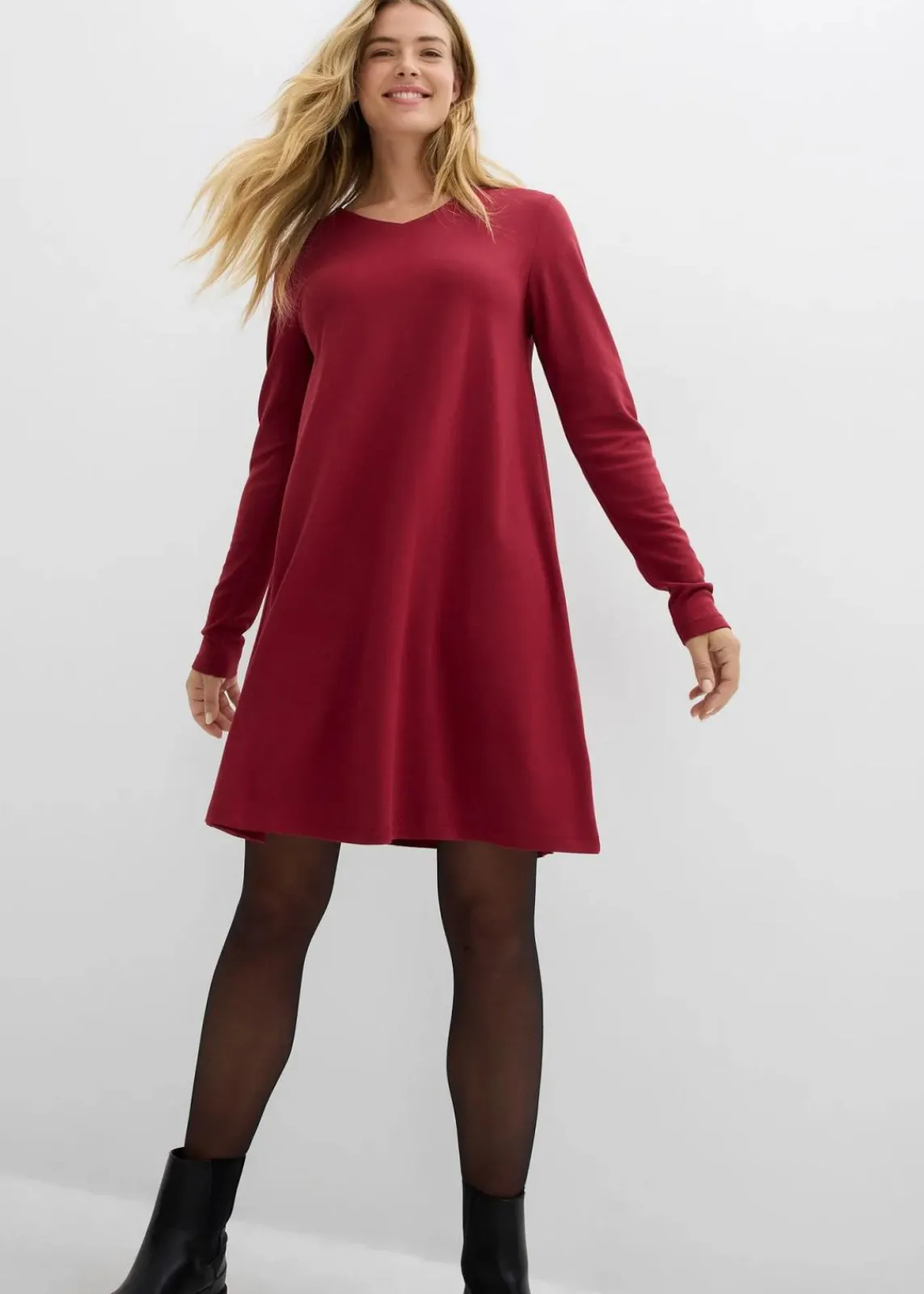 bonprix Bekleidung·Pullover & Strickjacken|Kleider|Kleid aus fließendem Viskose-Mix pflaumenrot