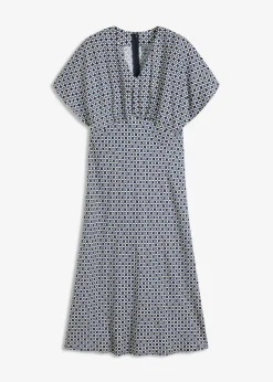 bonprix Bekleidung·Pullover & Strickjacken|Kleider|Kleid aus fließender Viskose naturbeige/dunkelblau/mittelblau graphisch bedruckt