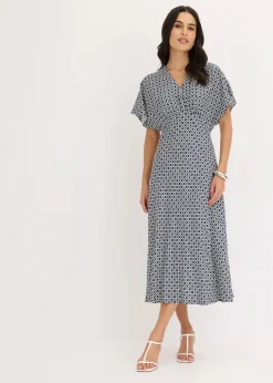 bonprix Bekleidung·Pullover & Strickjacken|Kleider|Kleid aus fließender Viskose naturbeige/dunkelblau/mittelblau graphisch bedruckt