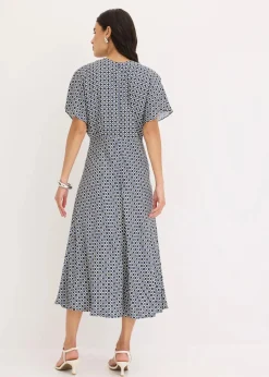 bonprix Bekleidung·Pullover & Strickjacken|Kleider|Kleid aus fließender Viskose naturbeige/dunkelblau/mittelblau graphisch bedruckt