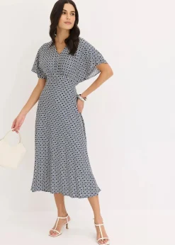 bonprix Bekleidung·Pullover & Strickjacken|Kleider|Kleid aus fließender Viskose naturbeige/dunkelblau/mittelblau graphisch bedruckt