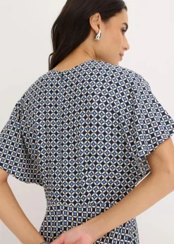 bonprix Bekleidung·Pullover & Strickjacken|Kleider|Kleid aus fließender Viskose naturbeige/dunkelblau/mittelblau graphisch bedruckt