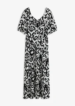 bonprix Bekleidung·Pullover & Strickjacken|Kleider|Kleid aus Jersey-Crêpe mit langem Schlitz schwarz/wollweiß bedruckt