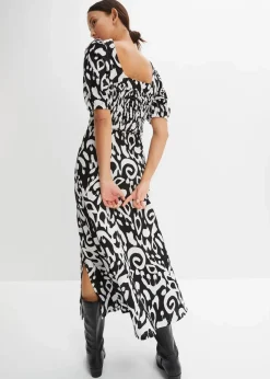 bonprix Bekleidung·Pullover & Strickjacken|Kleider|Kleid aus Jersey-Crêpe mit langem Schlitz schwarz/wollweiß bedruckt