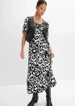 bonprix Bekleidung·Pullover & Strickjacken|Kleider|Kleid aus Jersey-Crêpe mit langem Schlitz schwarz/wollweiß bedruckt